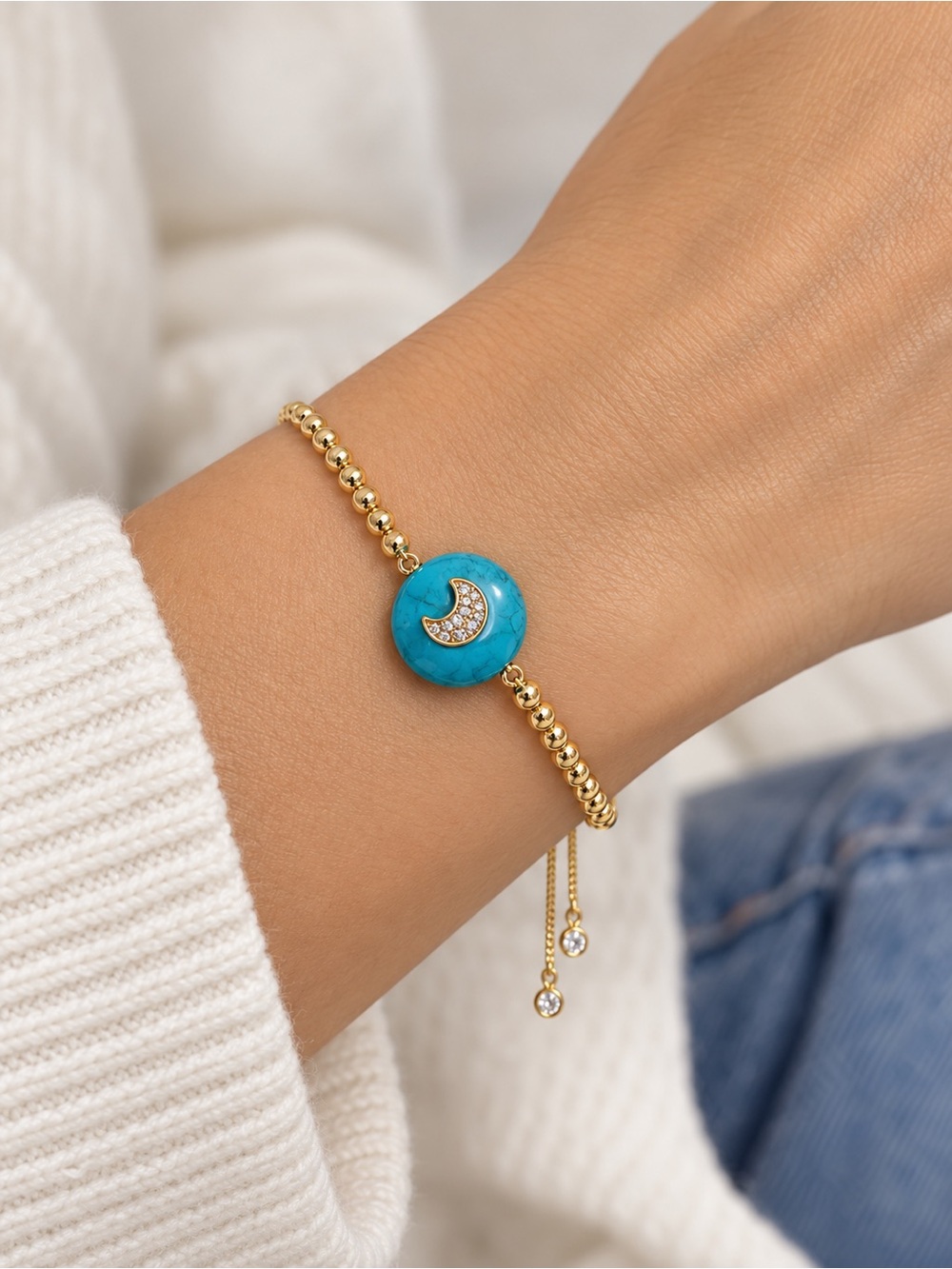 Gold Beaded Bracelet with Turquoise Moon Charm - Women Jewelry